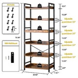 Adjustable 6 Tier Open Bookcase, Rustic Farmhouse Book Shelves, Industrial Wood and Black Metal Bookshelves