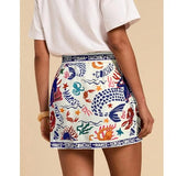 Talakeno Womens Summer Floral Wrap Short Skirt Tie Side High Waist A Line Beach Vacation Boho Mini Skirt(Navy-Blue,M)