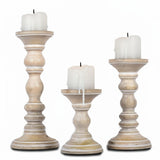 Mela Artisans Wooden Pillar Candle Holders | Willow Design | Set of 3 Mango Wood Candlesticks | Whitewash | Sizes 6" & 9" &12" | Table Decor | Centerpiece | Mantel | Wedding | Living Room Decor