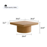Modern Square Coffee Table with Cylindrical Base, Wood Coffee Table with Parquet Pattern & Thickened Tabletop, Center Table Tea Table for Living Room Apartment, 34.6''L×34.6''W×14.9''H, Natural