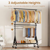 JIEJIERUI Heavy Duty Clothes Rack for Hanging Clothes, Double Rods Clothing Rack with Lockable Wheels, Rolling Garment Racks, Black