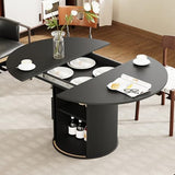 Extendable Round to Oval Dining Table with Hidden Storage, Modern Wooden Kitchen Table with Fluted Sliding Door Cabinet