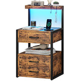 Nightstand with Charging Station and LED Lights, LED Night Stand with 2 USB Ports and 2 AC Outlets, Modern End Table with 3 Drawers, Bedside Table with Open Storage for Bedroom, Rustic Brown