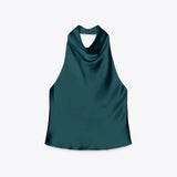 Maohao Women's Silk Satin Tank Tops Halter Draped Front Sexy Backless Womens Summer Tops Elegant Camisole Tops (Green,XS)