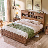 Farmhouse King Size Bed Frame with 54" Tall Headboard, Charging Station | eadboard with 4 Storage Rack, 2 Drawers