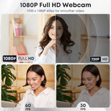 1080P Webcam with Microphone, Noise Cancellation, Privacy Cover, Wide-Angle Lens, Auto Light Correction, Plug & Play USB Webcam