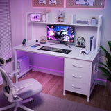 DLisiting White Computer Desk with Hutch & Drawers - Office Desk with 3 Storage Drawers and Power Outlets