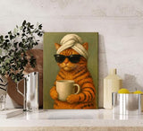 Funny Cat Bathroom Canvas Wall Art Cool Orange Tabby Cat Drinking Coffee Wall Decor Pictures Maximalist Preppy Aesthetic Posters Prints for Cafe Bar Bathroom Home Decoration 12x16in