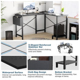 50" x 43.3" L Shaped Computer Desk with Side Storage Pocket & Computer Tower Shelf, Modern Black Corner Desk Office Writing Table with Metal X-Frame for Home Office, Black