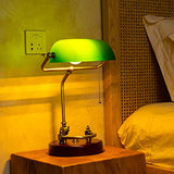 Bankers Lamp, Traditional Green Desk Lamp with Solid Birch Wood Base, Green Glass Antique Library Lamp with Pull Chain Switch
