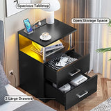 AOGLLATI Nightstand with Charging Station and LED Lights, Nightstands Set of 2, Bedside Table with Open Storage and 2 Drawers, 2 USB Ports, 2 Outlets, Modern End Side Table for Bedroom, Black