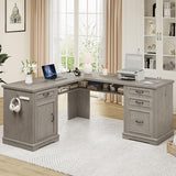Farmhouse L Shaped Executive Desk with 4 Drawers, Home Office Desk with Hidden Under-Desk Storage