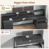 SEDETA Computer Desk with 5 Drawer, Power Outlet & Led Lights, 66'' Home Office