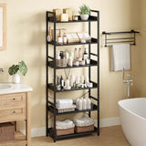 Rolanstar Bookshelf 6 Tier with 4 Hooks, Industrial Wood Bookcase, Vintage Storage Rack with Open Shelves, Black