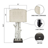 Pemberly Row 29.5" Birchwood Coastal Table Lamps, Whitewash Finish, Set of 2, Nature-Inspired Design with USB Port, Linen Shade, 3-Way Switch, Modern Rustic Lighting for Bedroom, Living Room, Office