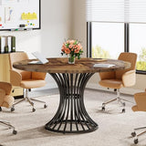 Round Conference Table for 4-6, 47-Inch Conference Room Table with Thickened Tabletop and Metal Base, Rustic Brown