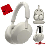 Wireless Industry Leading Noise Canceling Headphones, Silver Bundle with Deco Gear Pro Audio Headphone Stand - Matte Black Sony