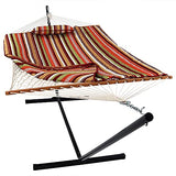 Sunnydaze Rope Hammock with Stand for Outside- 275-Pound Capacity - Includes 12-Foot Hammock Stand, Spreader Bar, Pad, and Pillow - Tropical Orange