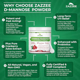 Zazzee D-Mannose Powder Plus, 2000 mg, 67 Servings, Plus 5 Billion CFU Probiotics and Pure Cranberry Juice Extract, Certified Kosher, Free Scoop, 6.67 oz, Urinary Tract Support, Non-GMO, All-Natural