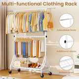JIEJIERUI Heavy Duty Clothes Rack for Hanging Clothes, Double Rods Clothing Rack with Lockable Wheels, Rolling Garment Racks, White