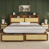 Belffin Queen Size Rattan Bed Frame with 2 Storage Drawers, Wood Bed, Brown