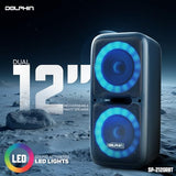 Dolphin Dual 12" Bluetooth Party Speaker - Portable Large Speaker with Wired Microphone, Multicolor LED Lights, USB Playback, Hi-Fi Amplifier, Powerful Bass, 5-Band Equalizer, Long-Lasting Battery
