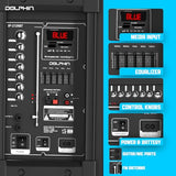 Dolphin Dual 12" Bluetooth Party Speaker - Portable Large Speaker with Wired Microphone, Multicolor LED Lights, USB Playback, Hi-Fi Amplifier, Powerful Bass, 5-Band Equalizer, Long-Lasting Battery