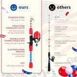 WIDDEN Kids Fishing Pole - Portable Telescopic Fishing Rod Set with Spincast Reel, Net, Bucket and Tackle Box - Patriotic American Flag Fishing Gear for Boys Girls Youth - 4th of July Gift