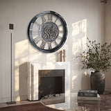 TOPPTIK 30 Inch Industrial Steampunk Wall Clock, Gray, Battery Operated, Real Rotating Gears, Solid Wood Frame, Oversized Wall Clock for Living Room Decor