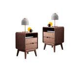 Wayshome Solid Wood Nightstand Set of 2, Walnut Night Stand with 2 Drawers and Open Storage, Bedside Table for Bedroom, Mid Century Modern Nightstands for Dorm