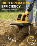 DEGGE Tiller, Cordless Tiller Cultivator with 48 Steel Tines, 9 inch Tilling Width and 6.7 inch Depth, 2 x 3.0Ah 21V Batteries & Charger, Gardening Tools