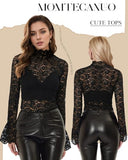 Women's Long Sleeve Lace Mesh Tops High Neck Sheer Blouse Sexy Floral Going Out Top Black