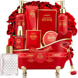 Anniversary Gifts for Women, Spa Bath and Body Gift Set, Red Rose Gift Basket Relaxation, Pampering, Thank You, Birthday Gifts for Mom Her with Perfume, Jade Roller, Quartz Gua Sha Stone & More