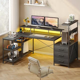 YOMILUVE L Shaped Gaming Desk with Drawers & Storage Shelves, Corner Gaming Desk with Power Outlets & LED Light, Reversible Computer Desk with Monitor Stand & Hooks, Carbon Fiber Black