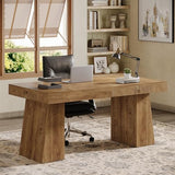 55" Executive Desk, Wooden Office Desk with Double Pedestal, Modern Simple Computer Writing Table for Home Office, Light Brown