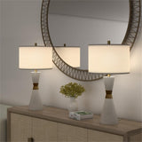 Pemberly Row 30.5" Hourglass Resin & Metal Table Lamps, Matte White Finish with Brushed Gold Band, Linen Shade, 3-Way Switch, Modern Set of 2 for Living Room, Bedroom, or Office