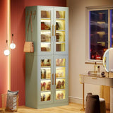Tribesigns Tall Shoe Storage Cabinet with Acrylic Doors and LED Lights, 8-Tier Entryway Shoe Organizer Rack with Adjustable Shelves and Hanging Hooks for Narrow Closet, Hallway, Mint Green (Set of 2)