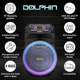 Dolphin SP-18RBT BoxParty Portable Bluetooth Speaker - 18" Woofer, Wireless Microphone, Deep Bass & LED Lights w/ USB SD, AUX, Guitar & 12V Inputs - Rechargeable Huge Party Speaker W/ Trolley & Wheels