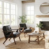 Black Leather Office Accent Chair Set of 2 with Wooden Arms, Comfy Guest Waiting Room Chairs