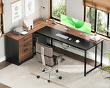AODK 61" L Shaped Office Desk with Wood Drawers & Lockable File Cabinet, Reversible 21.7" D Corner Computer Desk with Built-in Power Outlets, Executive Desk for Home Office, Walnut