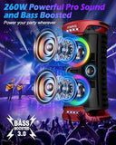 KMAG Large Party Bluetooth Speaker, 260W Peak Powerful Loud Sound with Deep Bass, 15Hr Playtime, Fast Charge, RGB Cool Light Show, TWS, Portable for Outdoor Beach, Camping, Backyard, Work, Home (Red)