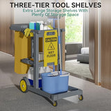 Janitorial Cart Cleaning Carts on Wheels, Gray Housekeeping Carts, 3-Shelf Commercial Traditional Plastic Janitor Cart