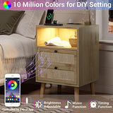 AOGLLATI Rattan Nightstand with Charging Station, LED Night Stand for Bedroom, Wood End Table with USB Ports, Boho Bedside Table with 2 Drawers, Natural