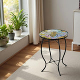 Voumsil Small Side Table with Metal Frame, 10.5" Round Side Tables with Bee Pattern,Outdoor Table for Balcony,Terrace,Garden,Living Room