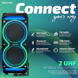 Dolphin SP-5200RBT Dual 12” Rechargeable Party Speaker with LED Lights, WaveSync (TWS), 100W RMS, Bluetooth, USB, FM, AUX, 6-Band EQ, Mic in, 2 Wireless Mics, Mic Priority, Trolley Design