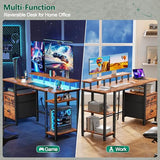 Furologee 61" Computer Desk with Power Outlet & LED Lights, Reversible Gaming Desk with File Cabinet, Rustic Brown
