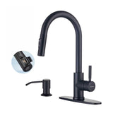 TOYWIA Kitchen Faucets with Soap Dispenser, Matte Black Single Handle High Arc Stainless Steel Sink Faucet with Pull Down Sprayer, 1 or 3 Hole Deck Plate Mount for Bar, RV, Laundry, Outdoor