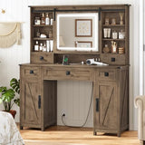AOGLLATI Farmhouse Makeup Vanity Desk with Lights & Charging Station,Vanity Desk with Mirror and Lights, 47.2” Large Brown Vanity Table with Ample Storage Space and Sliding Mirror (Oak Brown)