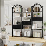 Triple Wide 6 Tier Bookshelf, Black Arched Bookcase with 16 Open Display Shelves and 3 Fabric Storage Drawers,