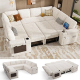 Vipbear 111" Modular Sectional Sleeper Sofa with Pull Out Bed, 8 Seat Chenille U Shaped Couch with USB Ports|Cup Holders|Side Table